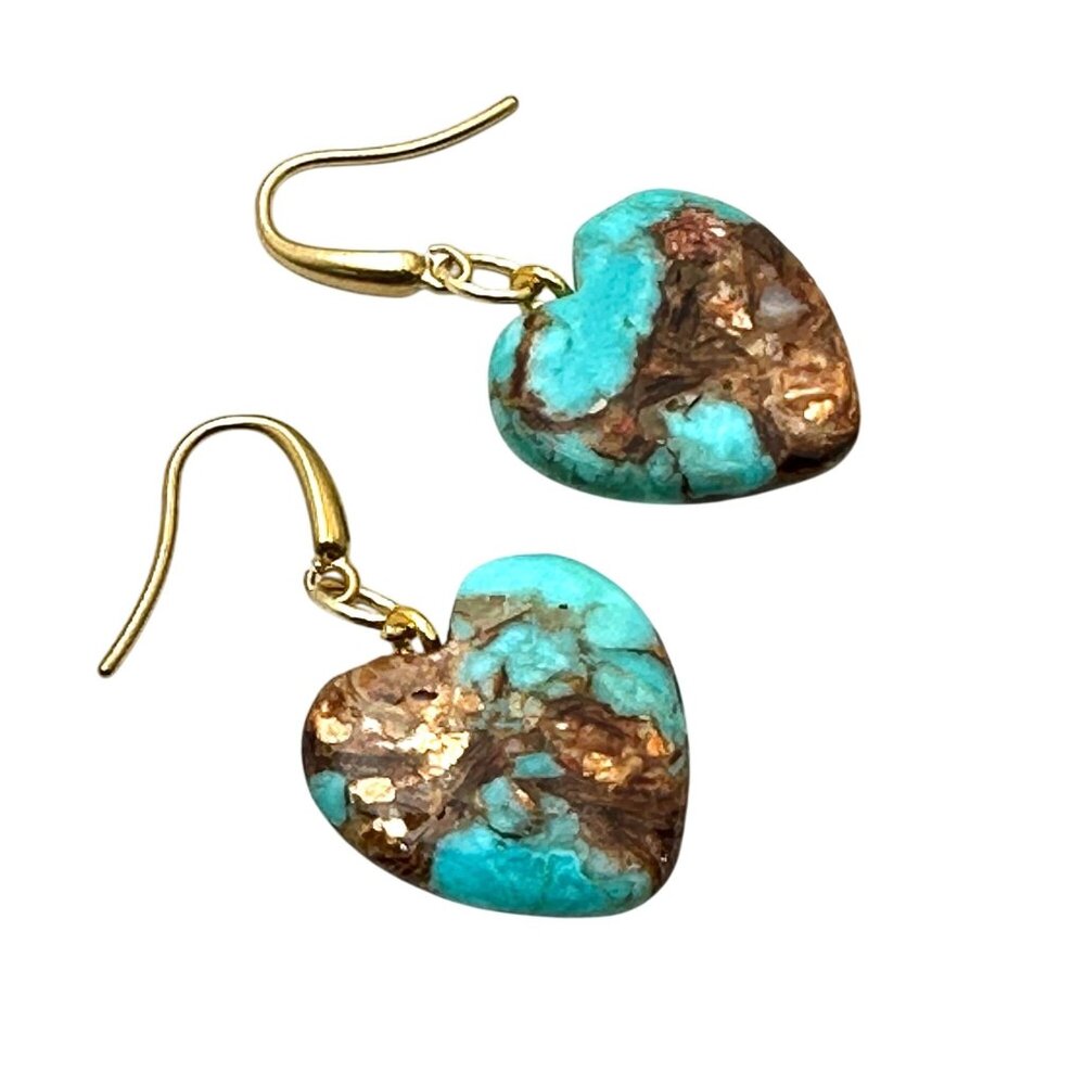 Womens Turquoise Imperial Jasper Heart Gold Plated Earrings Pierced Chandelier